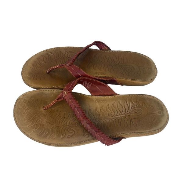 Olukai Leather Sandals Women's 10 US Kahili Tan Red Thong Slip On Slides 41 EUR - Picture 3 of 9